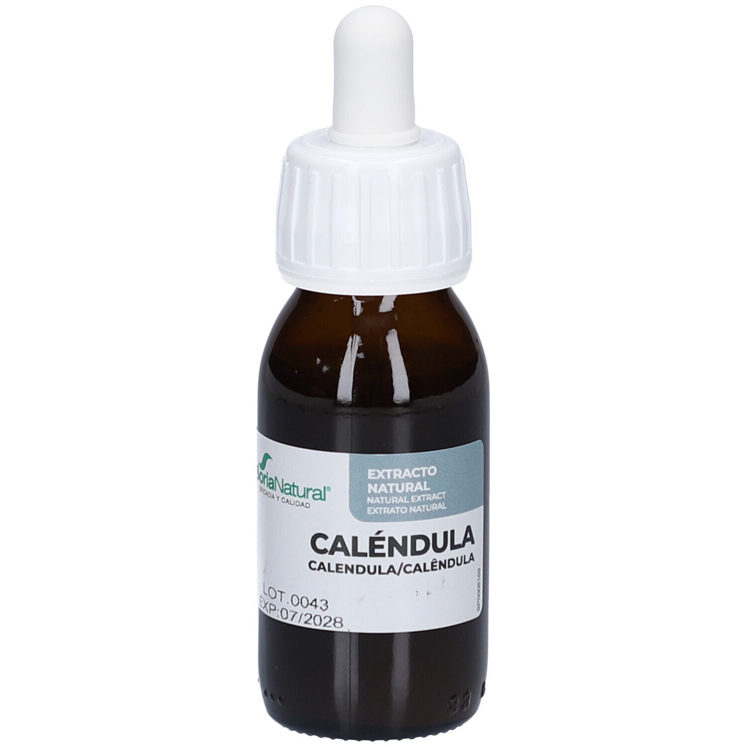 Braune Glasflasche mit weißem Verschluss und Pipette. Etikett mit Produktnamen und Marke.