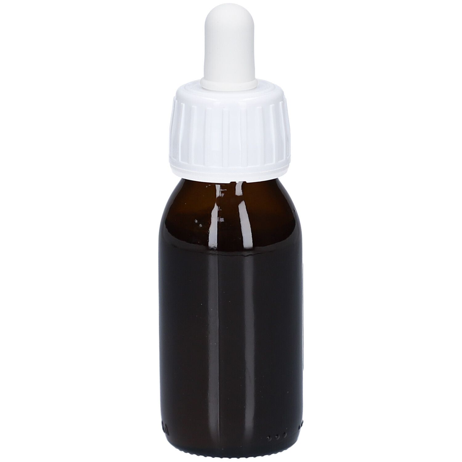 Braune Glasflasche mit weißem Verschluss und Pipette. Produktetikett nicht vollständig sichtbar.