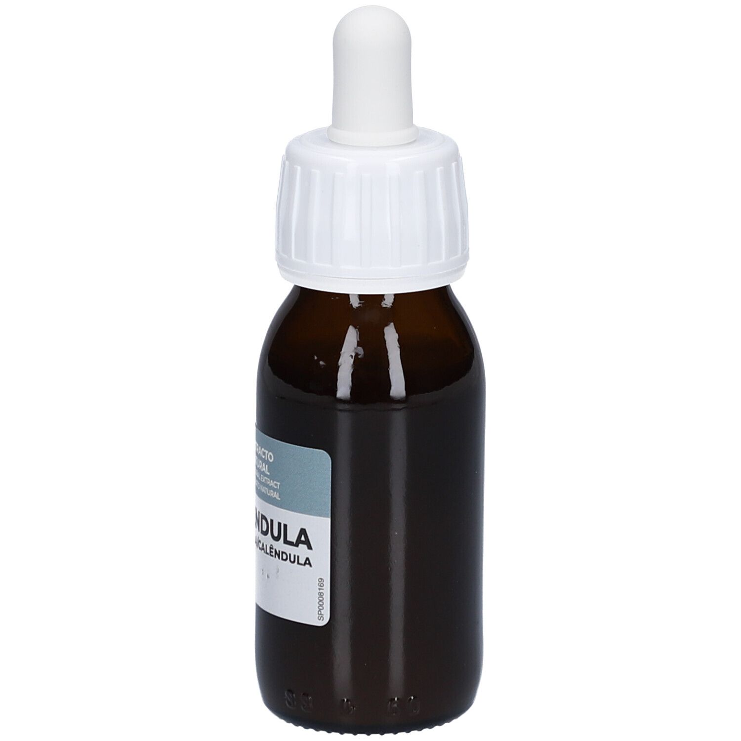 Braune Glasflasche mit weißem Verschluss und Pipette. Etikett mit Produktnamen und Marke.