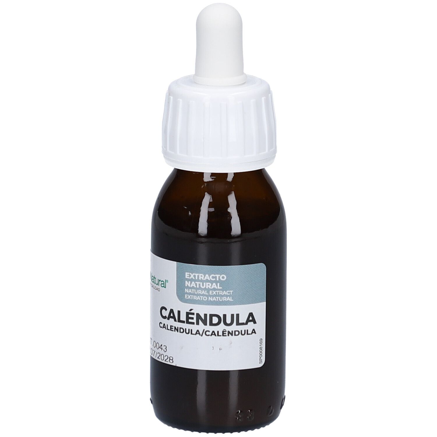 Braune Glasflasche mit weißem Verschluss und Pipette. Etikett mit Produktnamen und Marke.