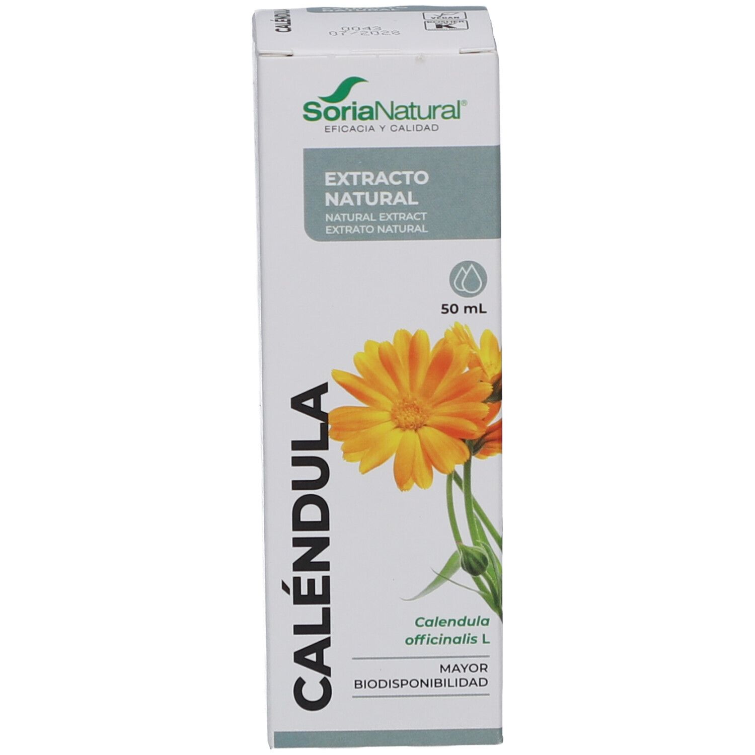 Kartonverpackung mit Produktnamen und Marke. Abbildung einer Blüte.