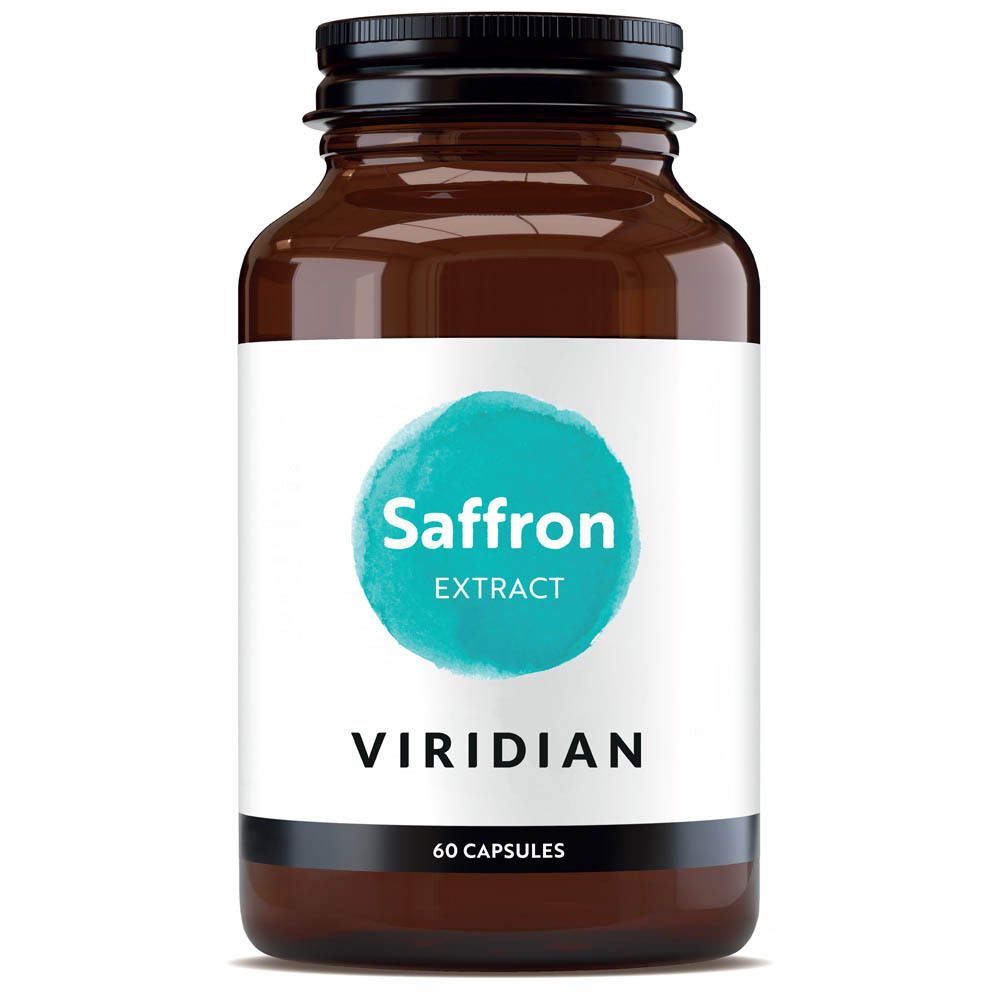 Flacon en verre brun avec bouchon noir. Étiquette avec cercle bleu et inscription Saffron Extract, Viridian, 60 Capsules.