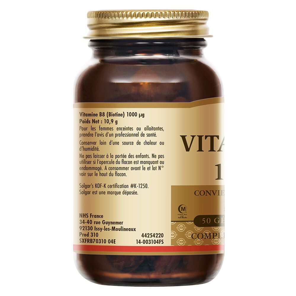Dos du flacon. Texte: Vitamine B8 (Biotine) 1000 µg. Informations sur l'utilisation et les ingrédients.