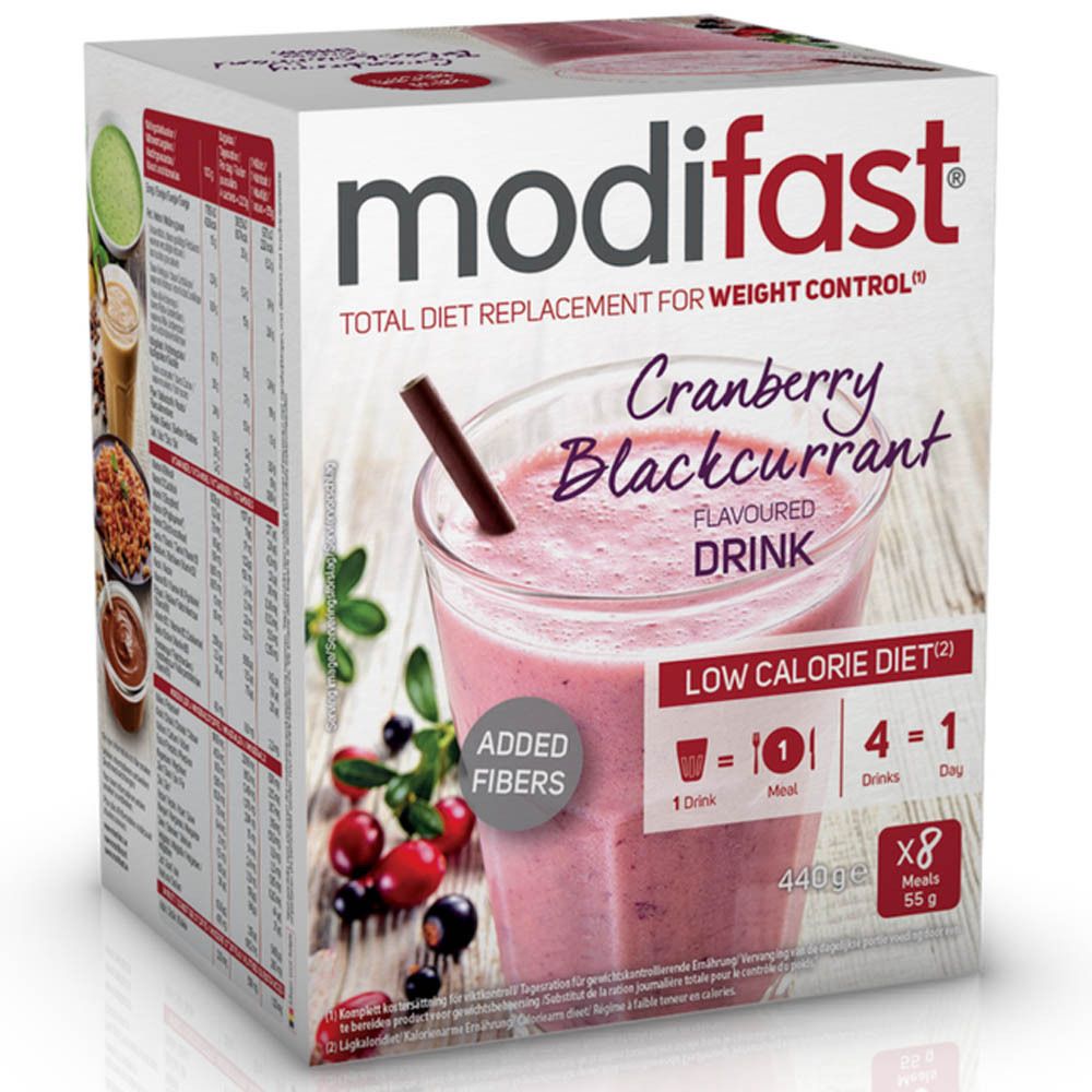 Boîte Modifast Cranberry Blackcurrant Drink. Image d'un shake. Contient 8 portions. Régime hypocalorique.
