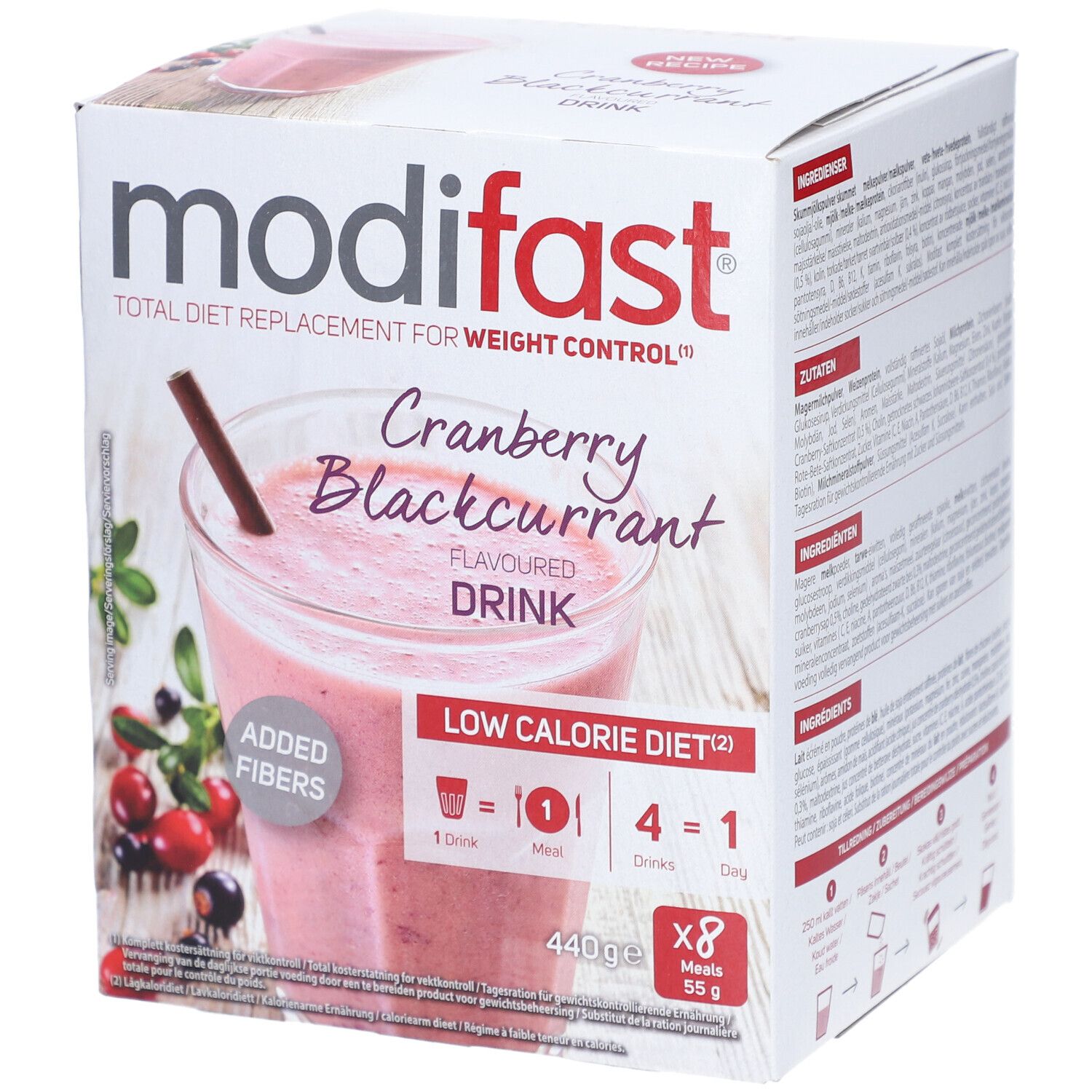 Modifast Cranberry Blackcurrant Drink. Karton mit Shake-Abbildung. Enthält 8 Portionen. Low Calorie Diet.