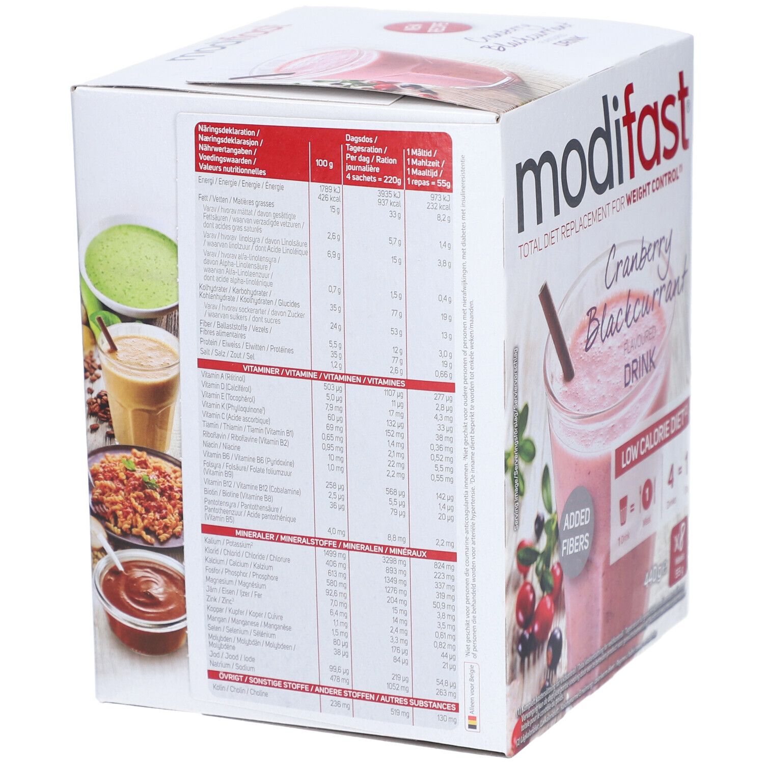 Modifast-Box mit Nährwertangaben. Rückseite mit Informationen zu Inhaltsstoffen und Nährwerten.