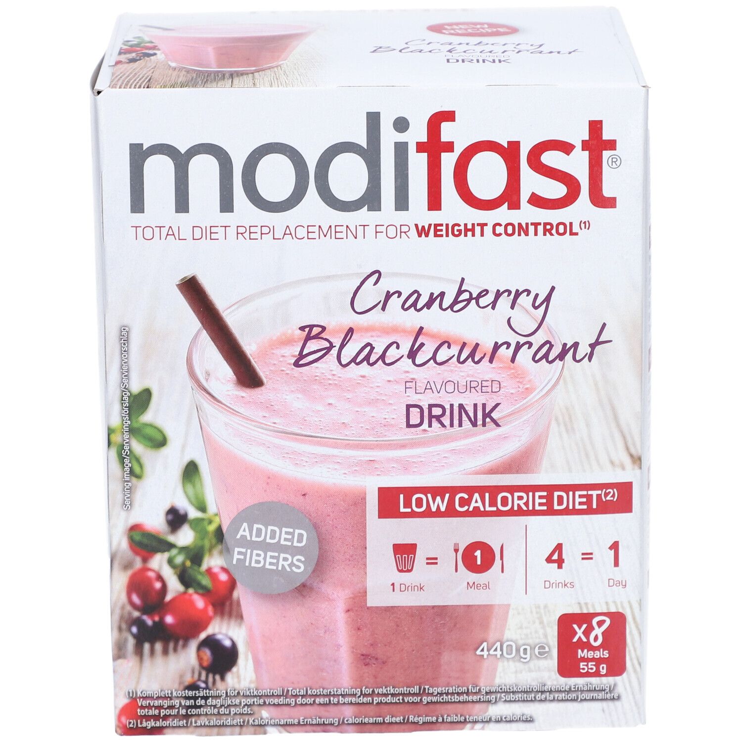 Modifast Cranberry Blackcurrant Drink. Karton mit Shake-Abbildung. Enthält 8 Portionen. Low Calorie Diet.