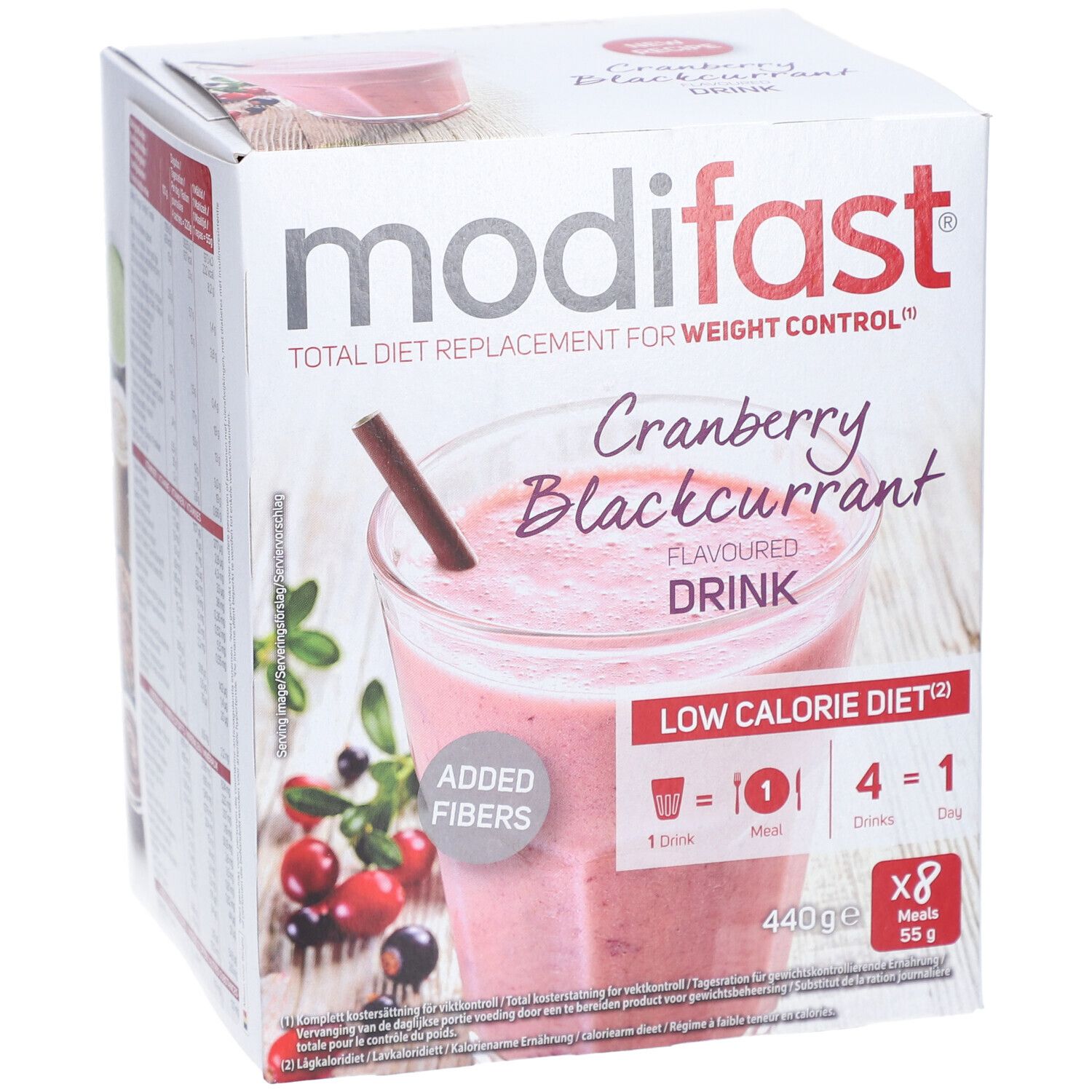 Modifast Cranberry Blackcurrant Drink. Karton mit Shake-Abbildung. Enthält 8 Portionen. Low Calorie Diet.