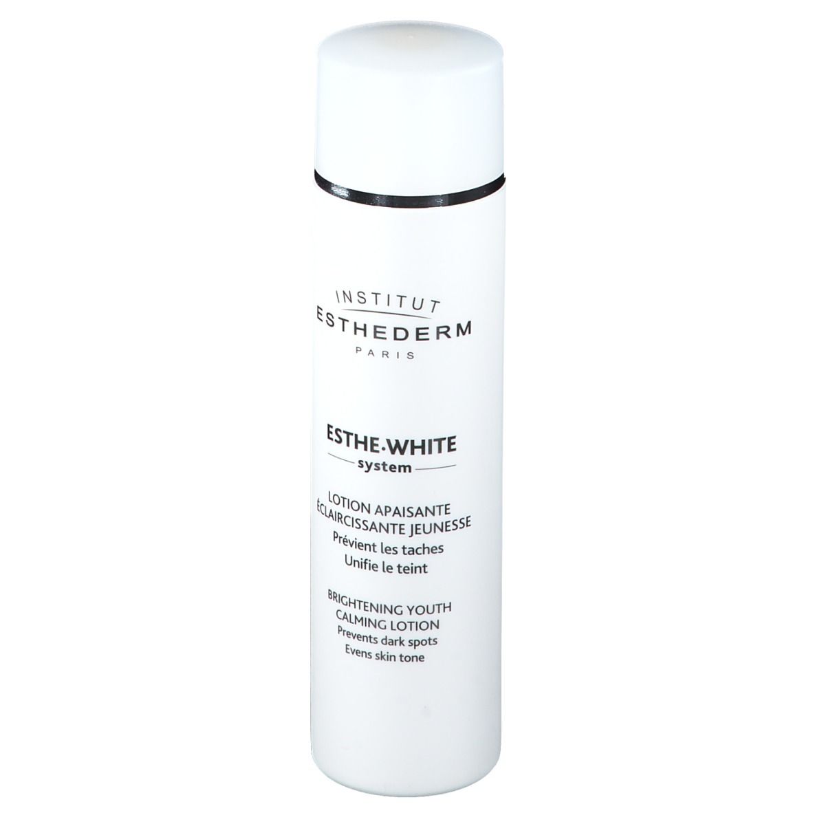 Flacon blanc avec bouchon blanc. Inscriptions: Institut Esthederm, Esthe-White System. Lotion.