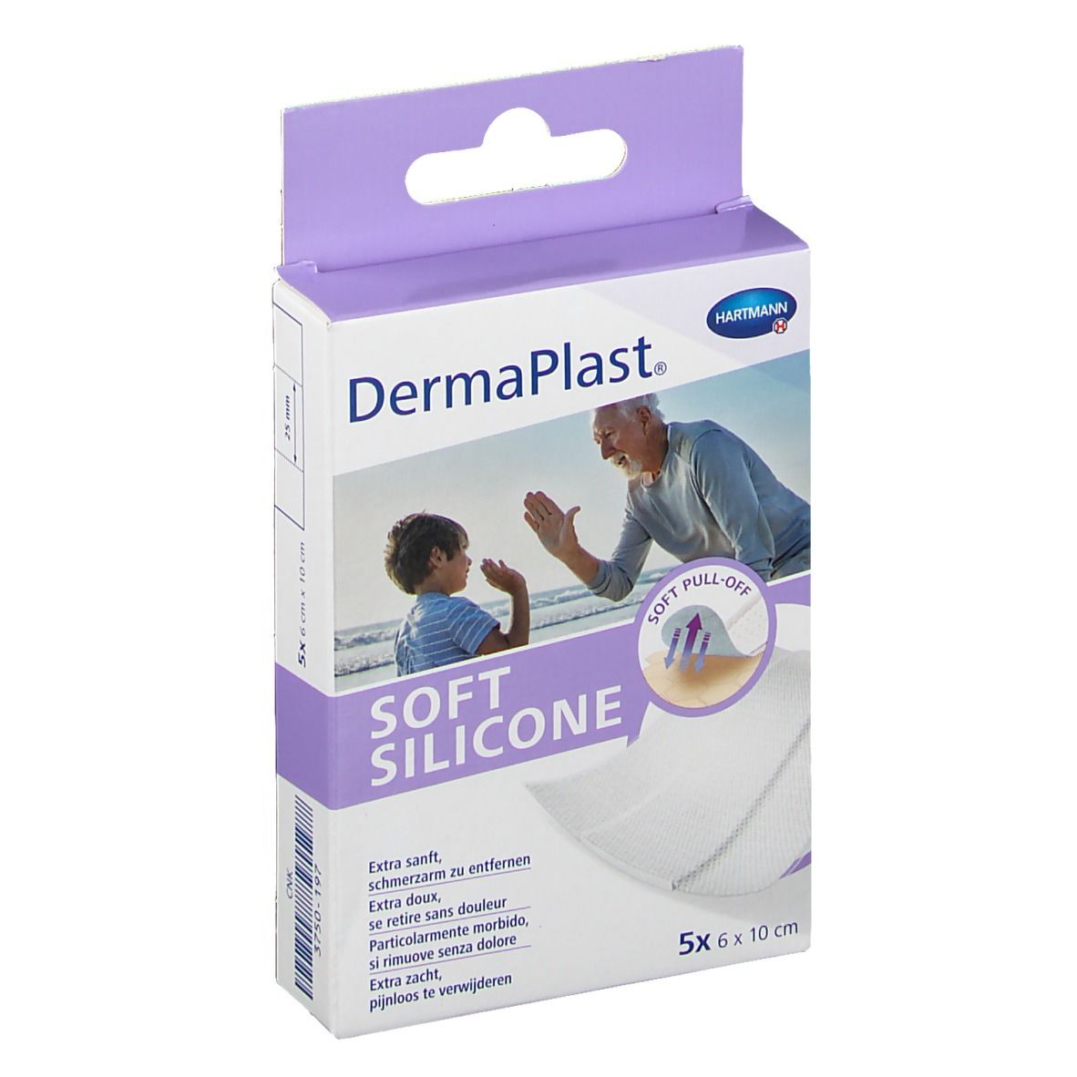 Verpackung von DermaPlast® Soft Silicone Pflastern. 5 Stück, 6 x 10 cm. Mit Abbildung eines Mannes und Kindes.