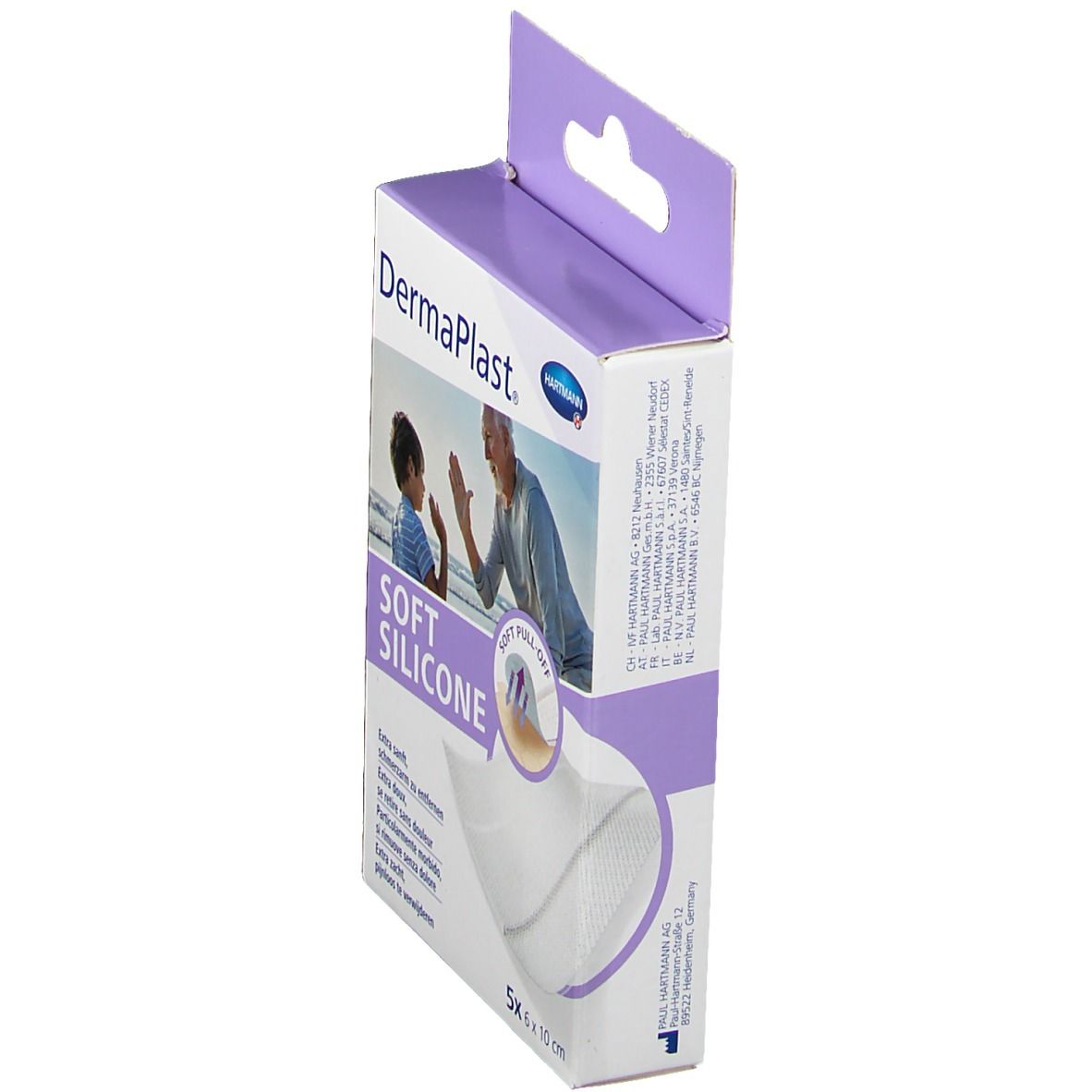 Seitenansicht der Verpackung von DermaPlast® Soft Silicone Pflastern. Mit Abbildung eines Mannes und Kindes.