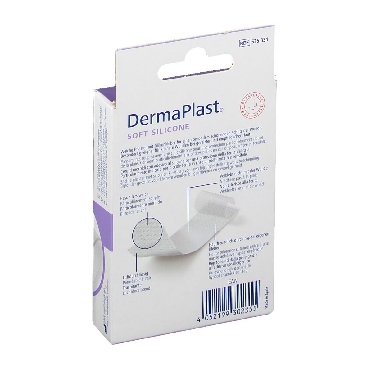 Rückseite der Verpackung von DermaPlast® Soft Silicone Pflastern. Produktinformationen und Abbildungen.