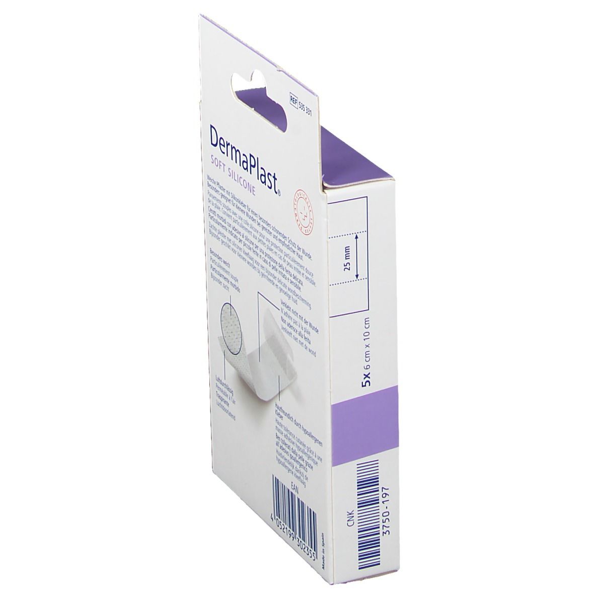 Seitenansicht der Verpackung von DermaPlast® Soft Silicone Pflastern. Produktinformationen und Abmessungen.