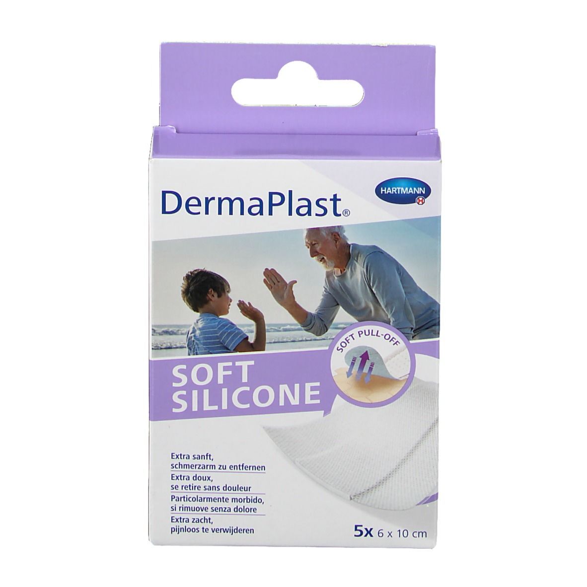 Verpackung von DermaPlast® Soft Silicone Pflastern. 5 Stück, 6 x 10 cm. Mit Abbildung eines Mannes und Kindes.