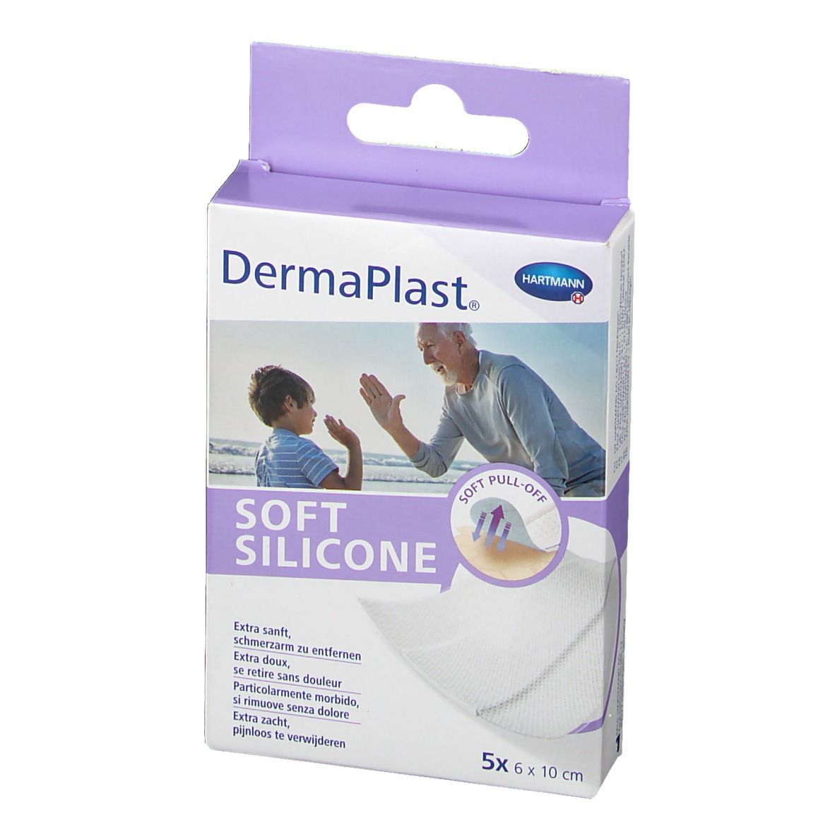 Verpackung von DermaPlast® Soft Silicone Pflastern. 5 Stück, 6 x 10 cm. Mit Abbildung eines Mannes und Kindes.