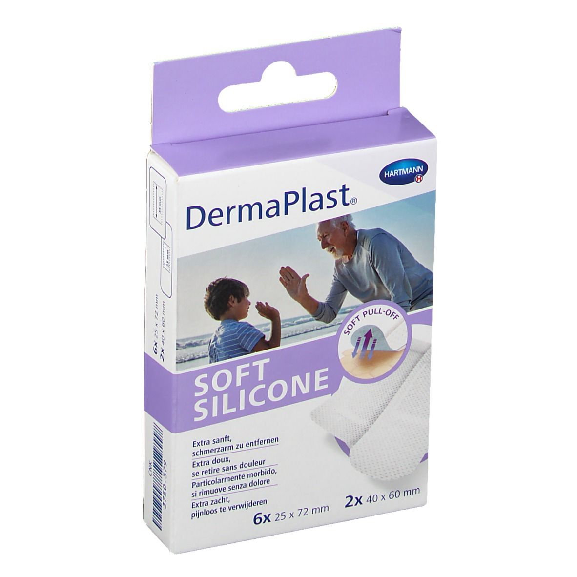 Verpackung von DermaPlast® Soft Silicone Strips-Mix. Zeigt Produktabbildung, Marke, Produktname und Größenangaben.