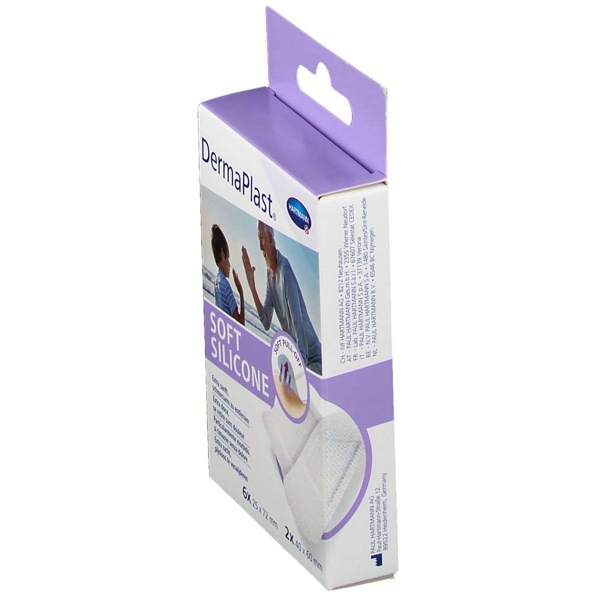 Seitenansicht der Verpackung von DermaPlast® Soft Silicone Strips-Mix. Marke und Produktname sind sichtbar.