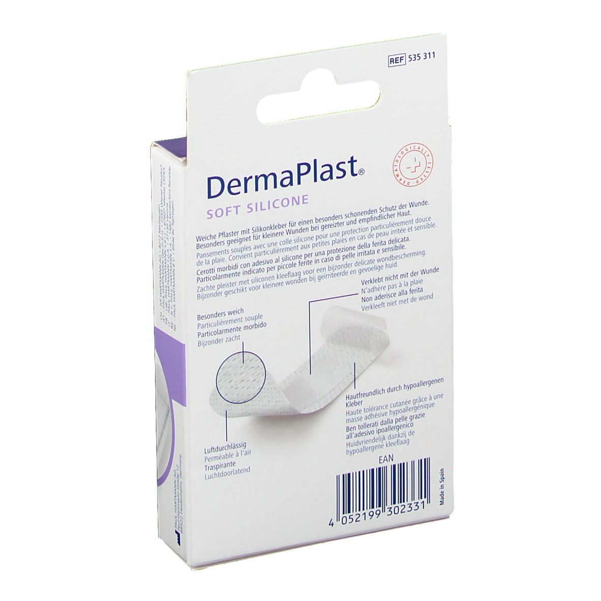Rückseite der Verpackung von DermaPlast® Soft Silicone Strips-Mix. Produktinformationen und Marke sind sichtbar.