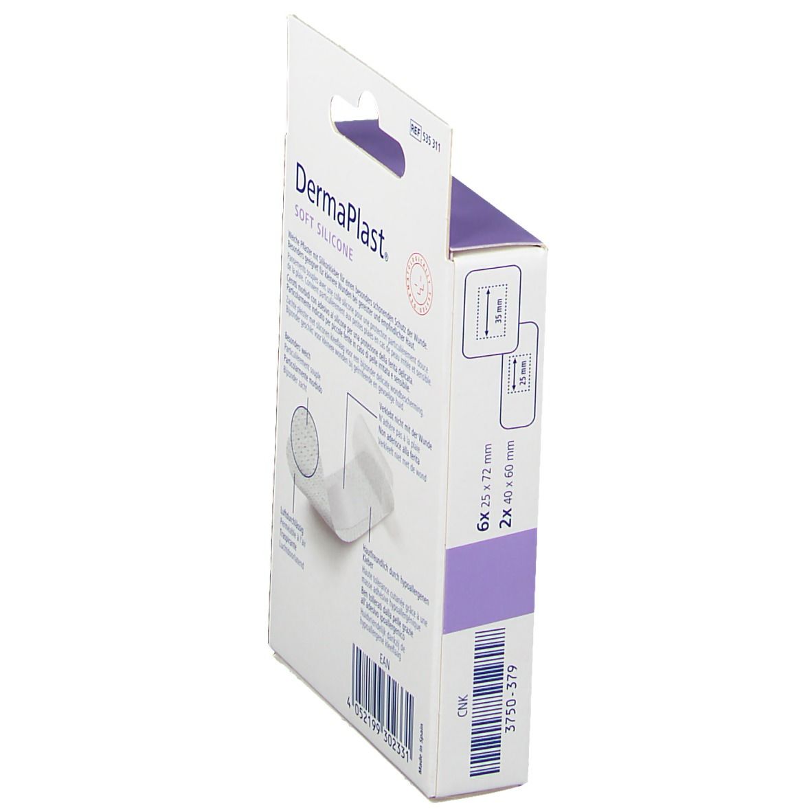 Seitenansicht der Verpackung von DermaPlast® Soft Silicone Strips-Mix. Größenangaben und Marke sind sichtbar.