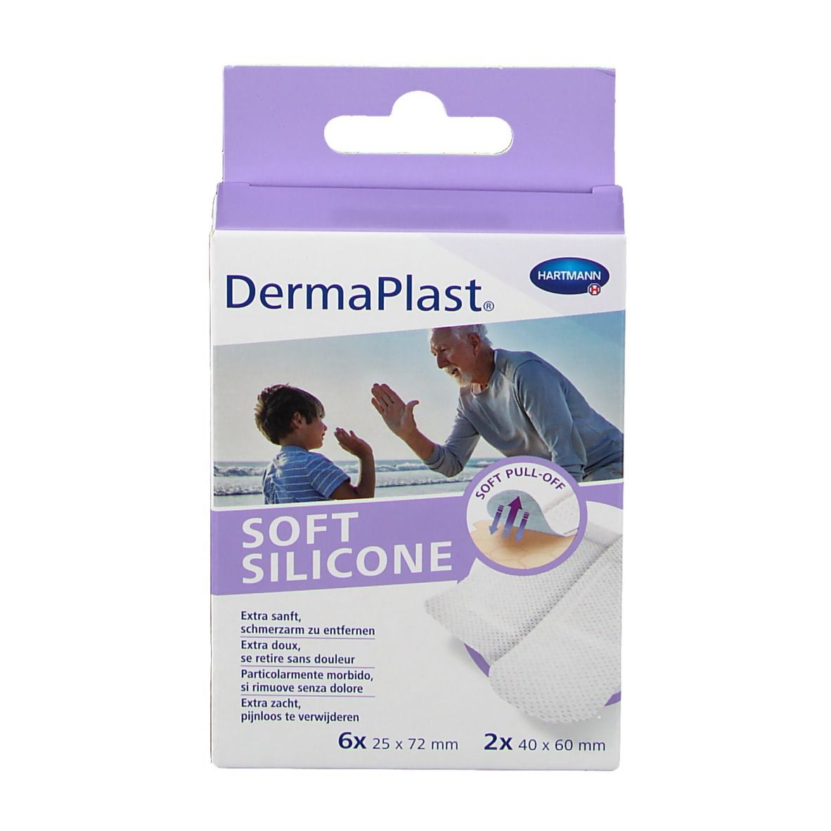 Vorderansicht der Verpackung von DermaPlast® Soft Silicone Strips-Mix. Marke, Produktname und Produktabbildung.