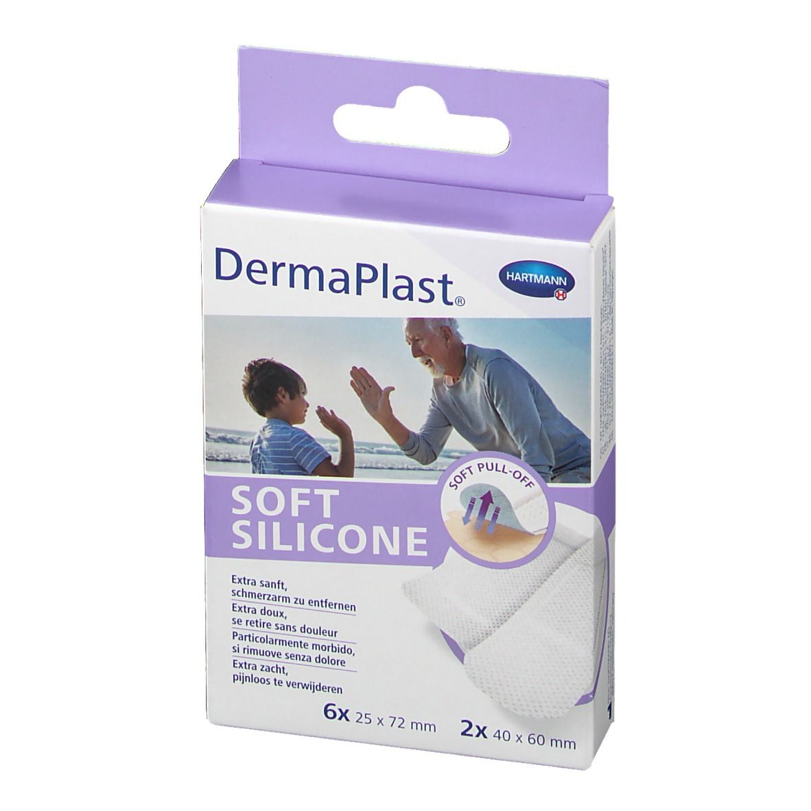 Vorderansicht der Verpackung von DermaPlast® Soft Silicone Strips-Mix. Marke, Produktname und Produktabbildung.