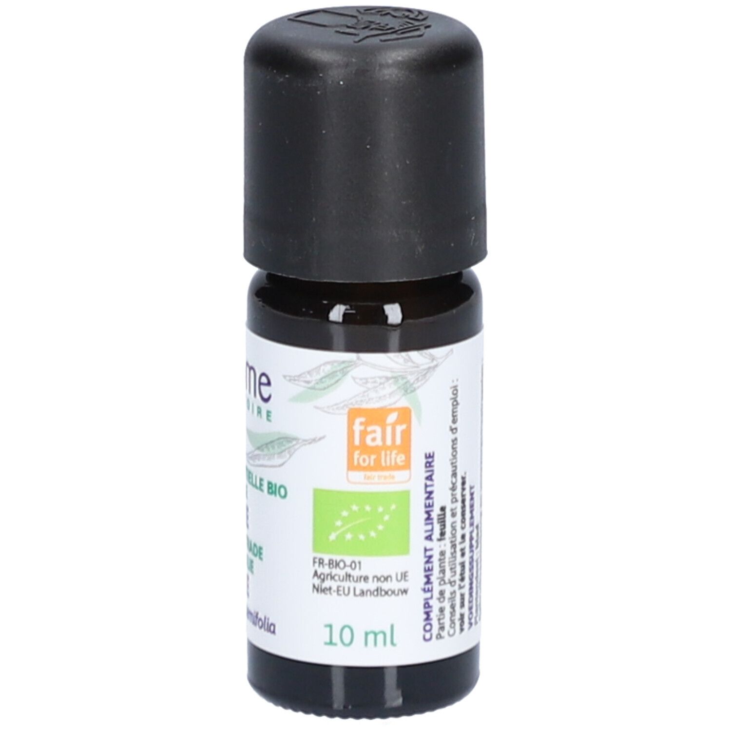 Flacon en verre brun avec bouchon noir. Étiquette avec informations et logo. Inscription : Tea Tree, 10 ml.