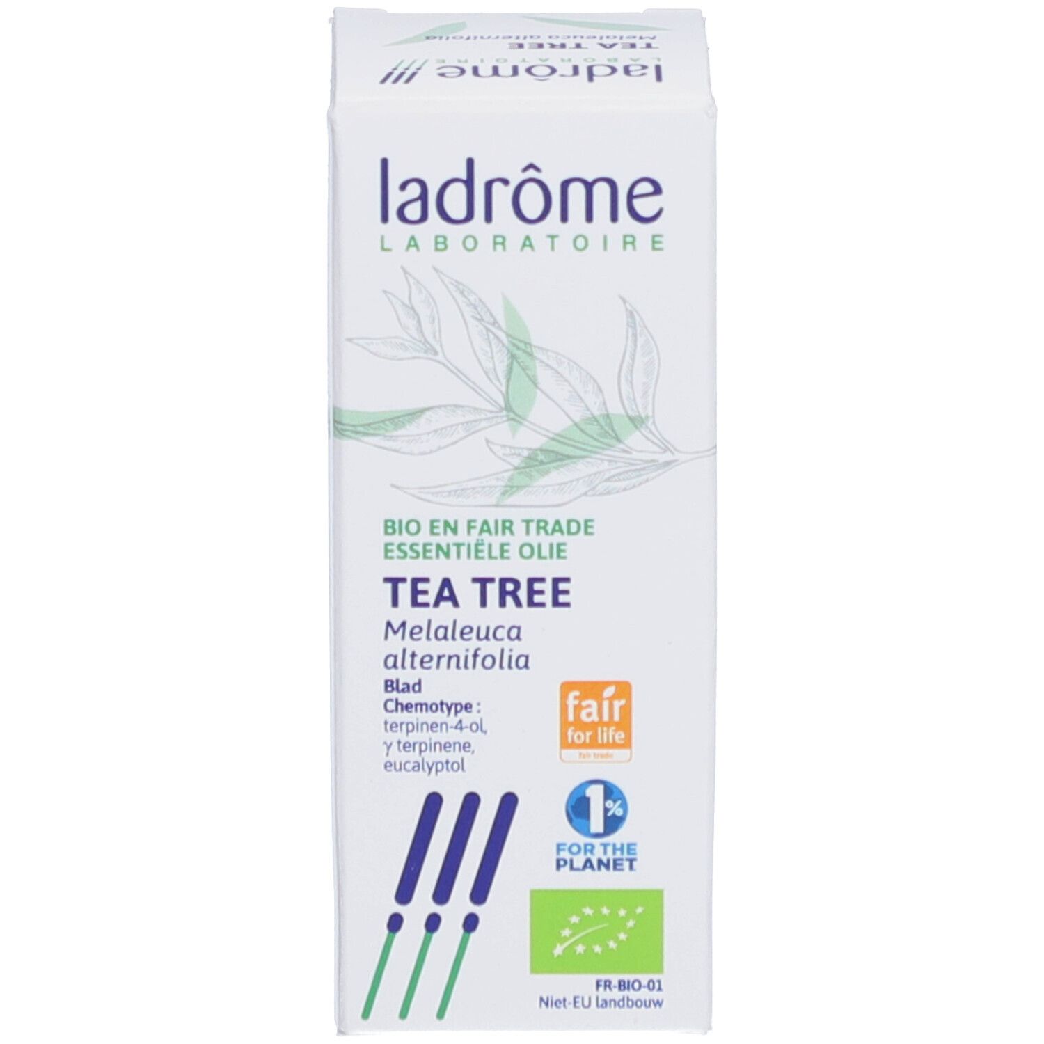 Boîte blanche avec logo et nom du produit. Inscription : Tea Tree. Label bio vert.
