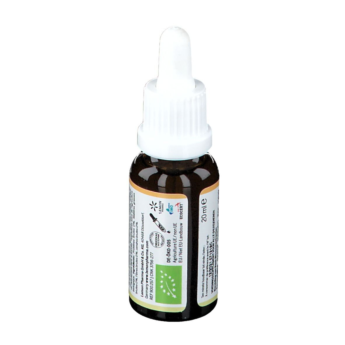 Flacon en verre brun avec compte-gouttes blanc. Étiquette avec texte et logo. 20 ml. Certification bio.