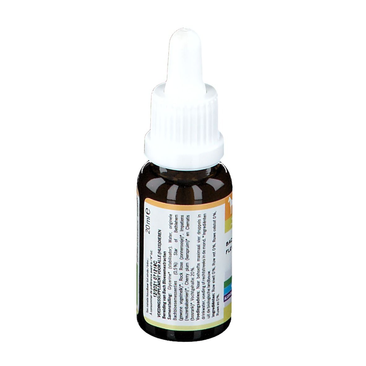 Flacon en verre brun avec compte-gouttes blanc. Étiquette avec texte. 20 ml. Ingrédients et informations fabricant.
