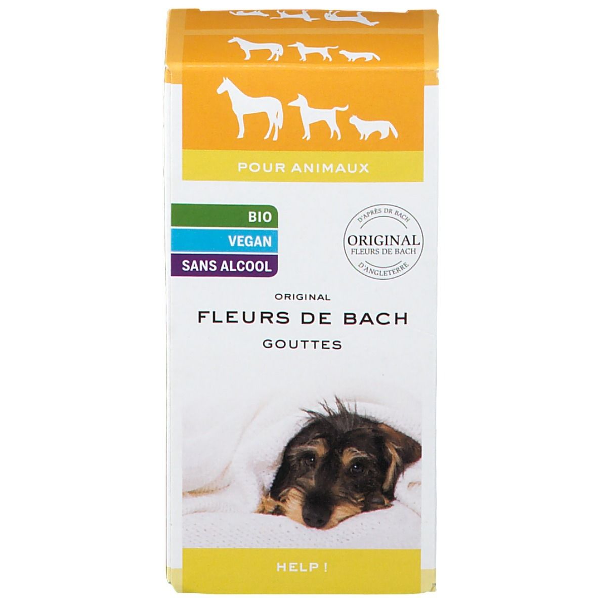 Emballage avec texte, logo et photo de chien. "BIO", "Vegan", "Sans Alcool".