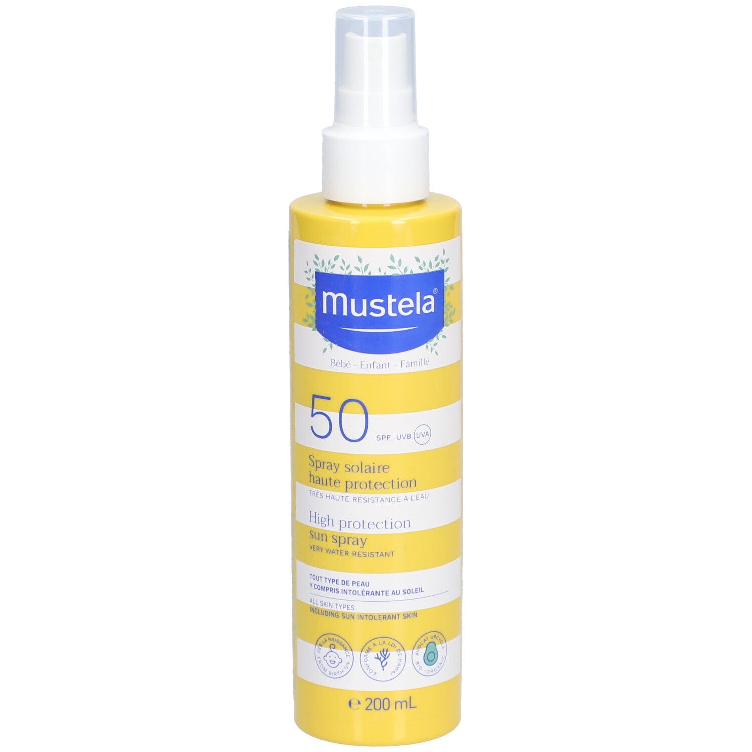 Gelbe Flasche mit weißem Sprühkopf. Aufschrift: Mustela, 50 SPF, Spray solaire haute protection. Wasserfest.