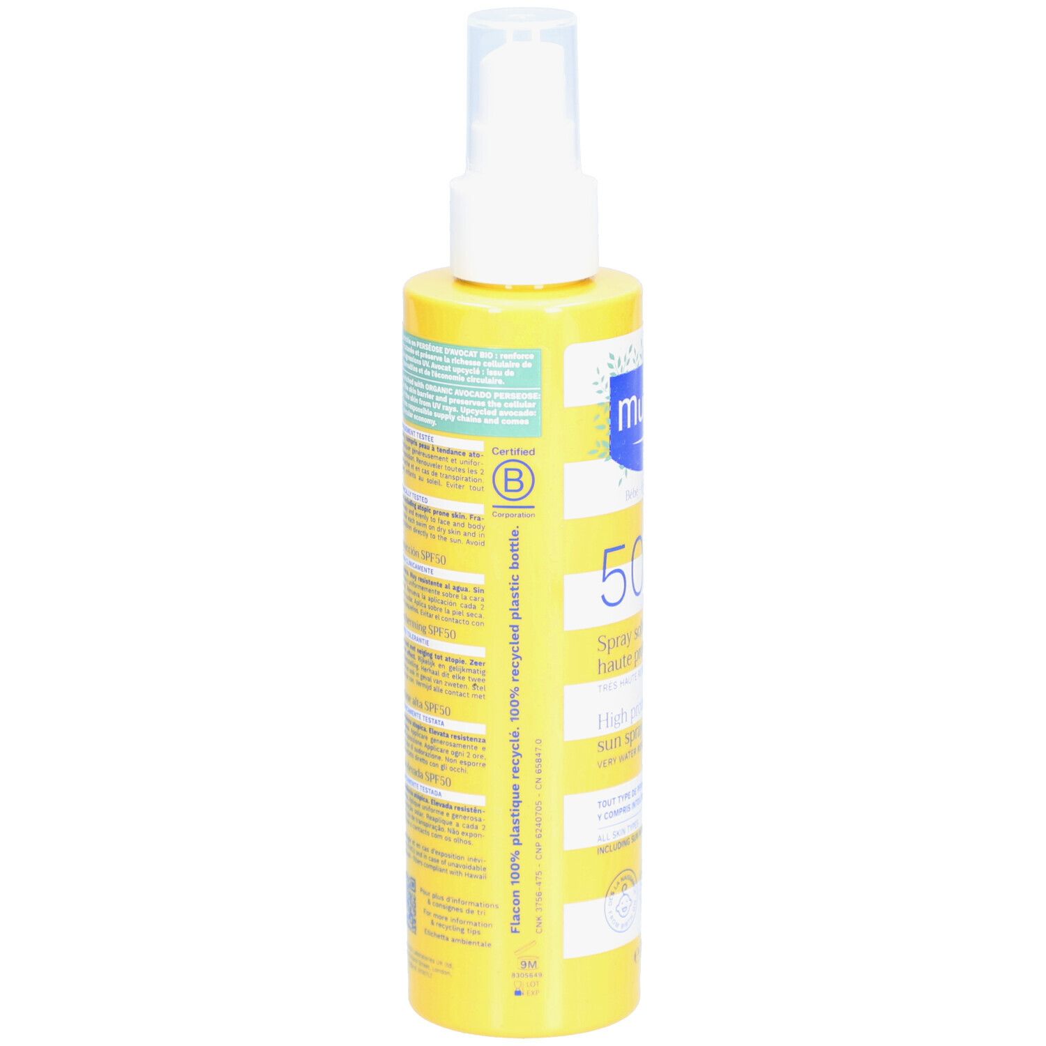 Rückseite der gelben Flasche. Text: Flacon 100% plastique recyclé. Informationen über Inhaltsstoffe und Anwendung.