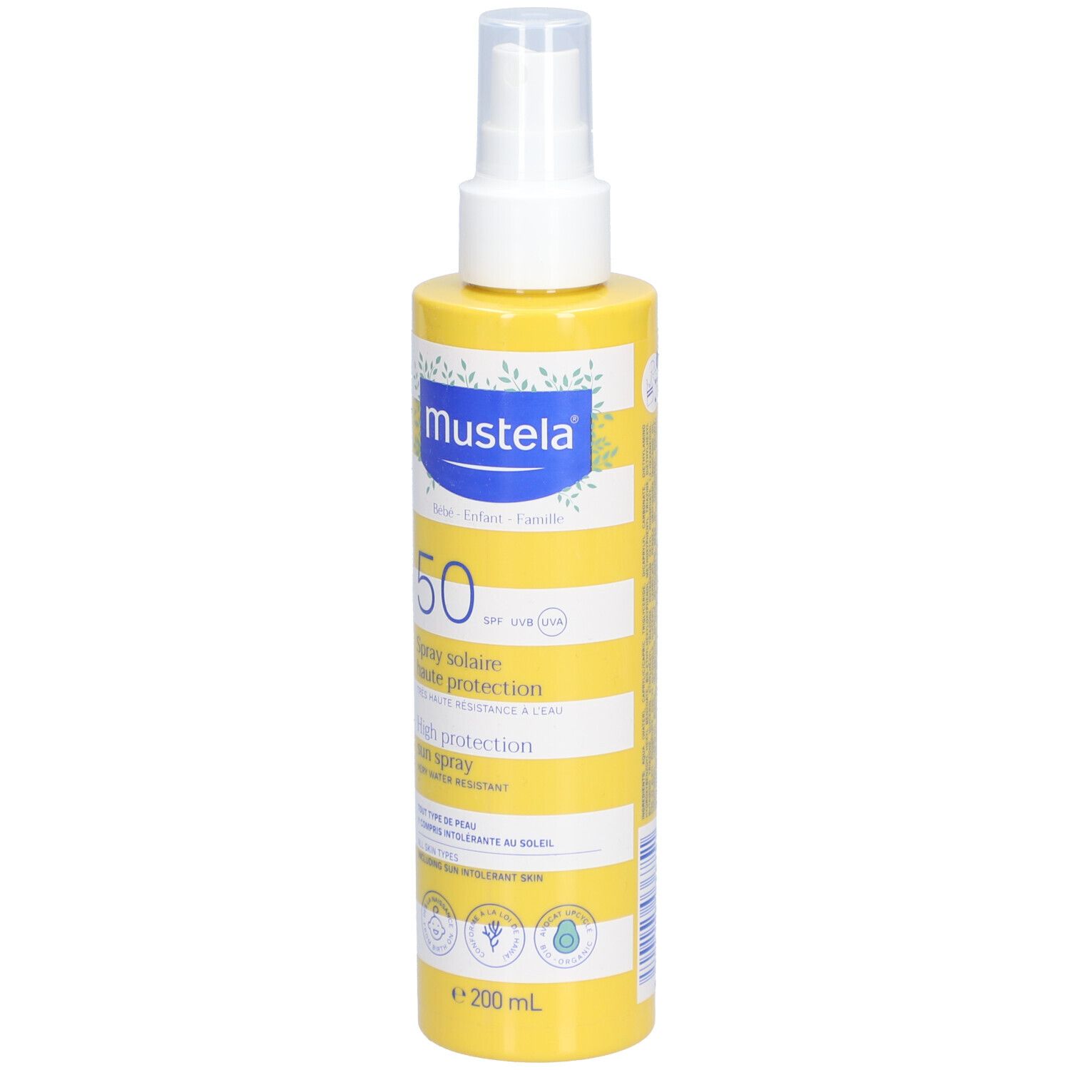 Gelbe Flasche mit weißem Sprühkopf. Aufschrift: Mustela, 50 SPF, Spray solaire haute protection. 200ml.