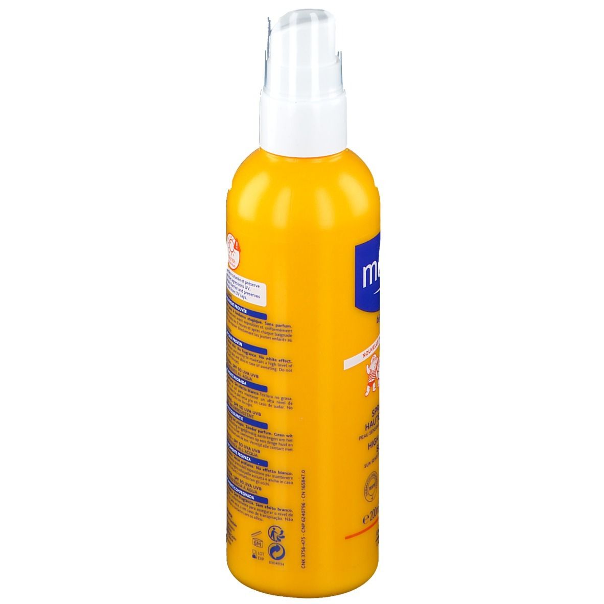 Gelbe Flasche mit weißem Sprühkopf. Aufschrift: Mustela, 50 SPF. Informationen über Inhaltsstoffe und Anwendung.