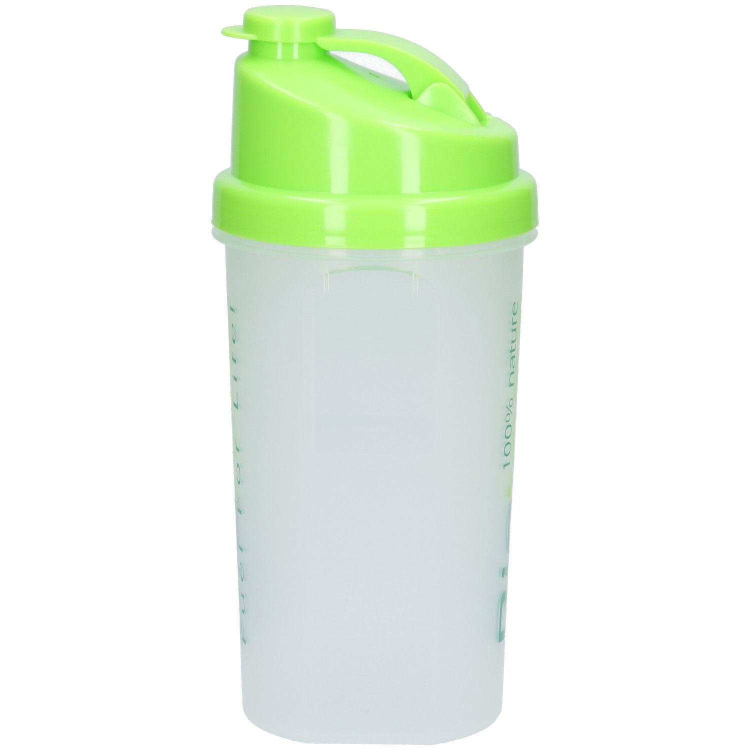 Shaker Biotona, vue latérale. Couvercle vert avec anse, récipient translucide avec échelle de mesure.
