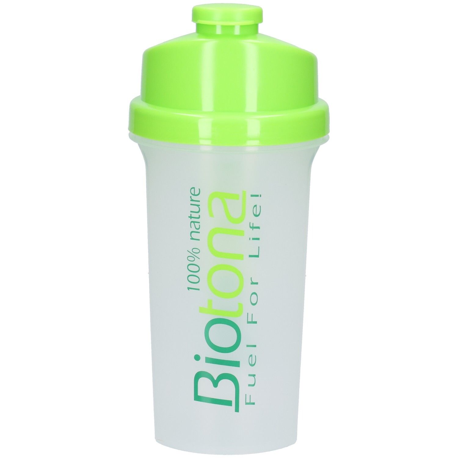 Shaker Biotona avec couvercle et anse verts, récipient translucide avec inscription verte.