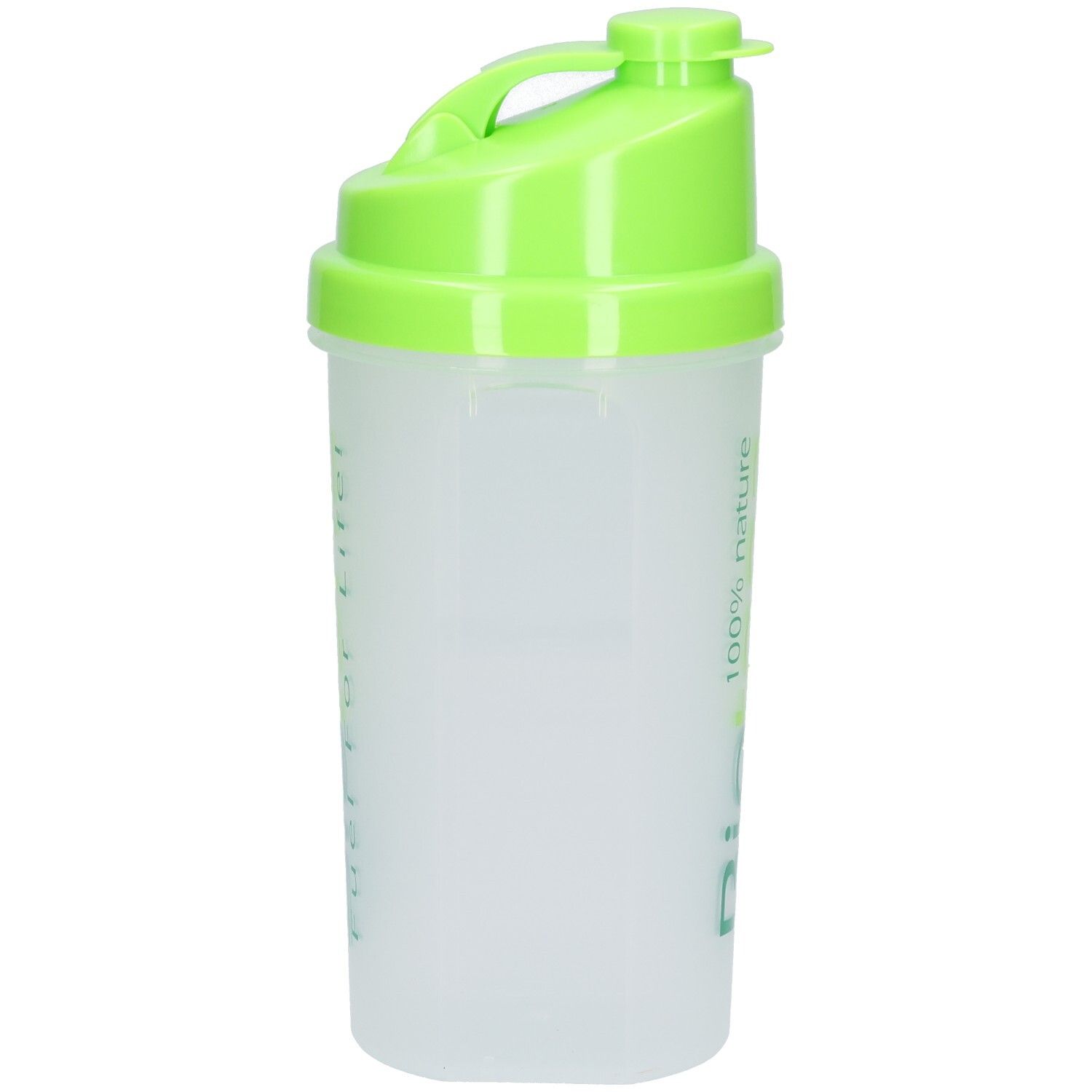 Shaker Biotona, vue latérale. Couvercle vert avec anse, récipient translucide avec échelle de mesure.