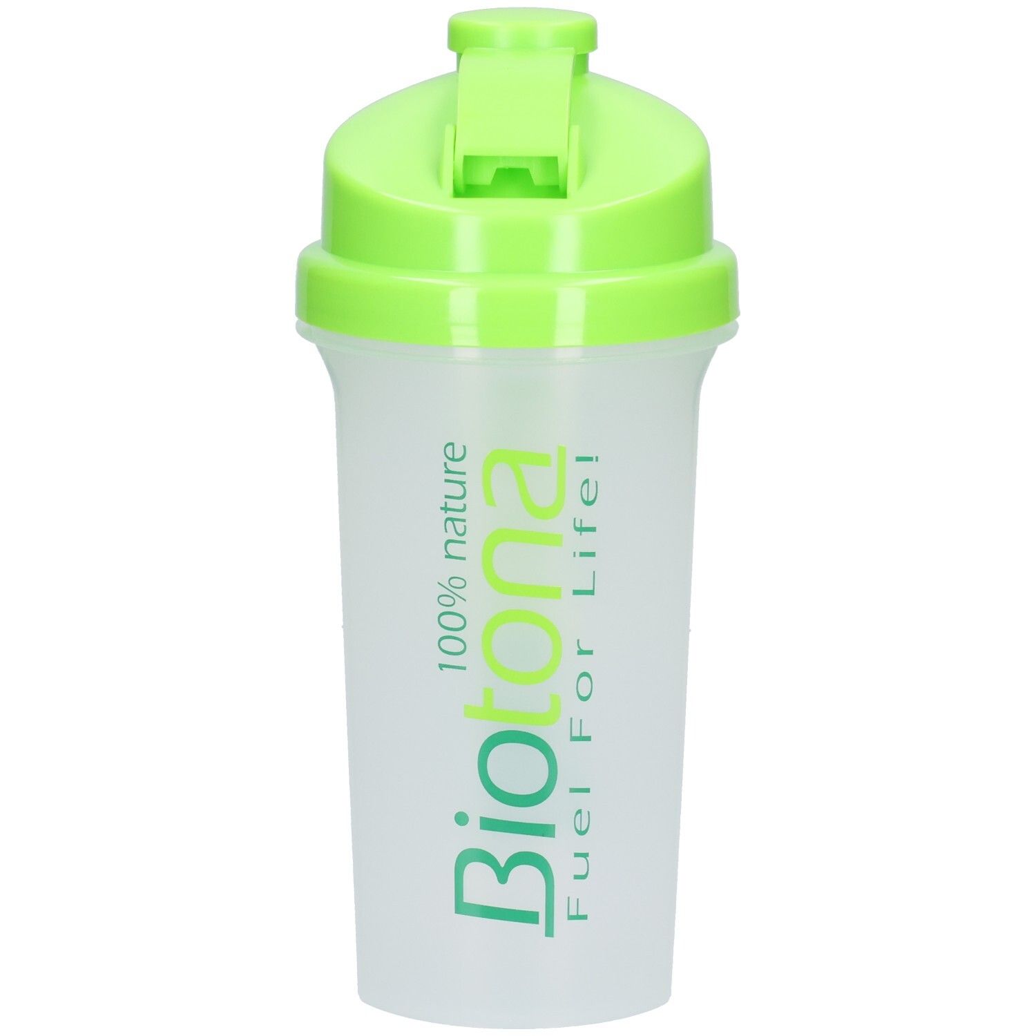 Shaker Biotona avec couvercle et anse verts, récipient translucide avec inscription verte.