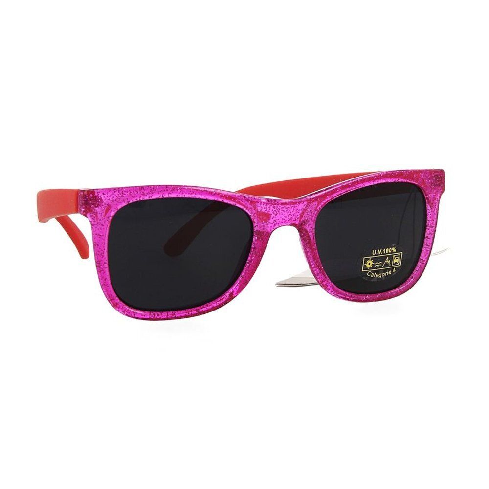 Lunettes de soleil roses pour enfants. Monture pailletée, branches rouges. Verres noirs. Autocollant d'informations UV.