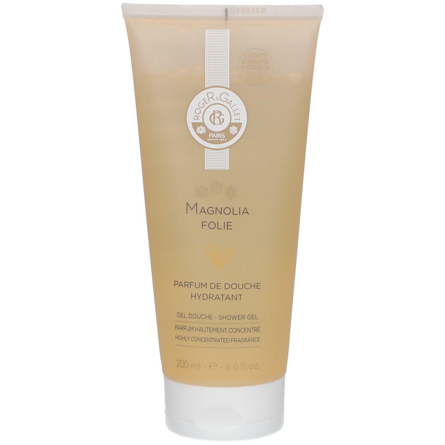 Beige Tube mit weißem Verschluss. Logo und Schriftzug 'Magnolia Folie'. 'Parfum de douche hydratant'.