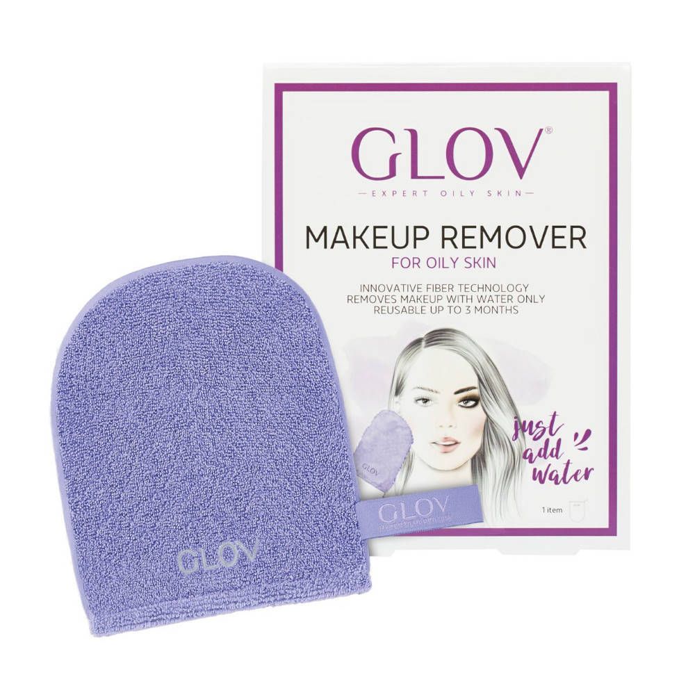 Gant démaquillant lilas et emballage. Gant avec logo. Emballage avec nom du produit et illustration.