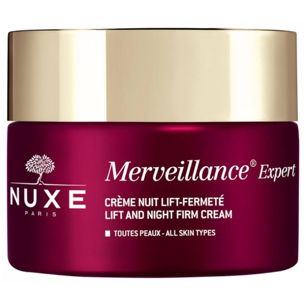 Runder Tiegel mit goldfarbenem Deckel. Aufschrift: Merveillance Expert, Crème Nuit Lift-Fermeté, Toutes Peaux.