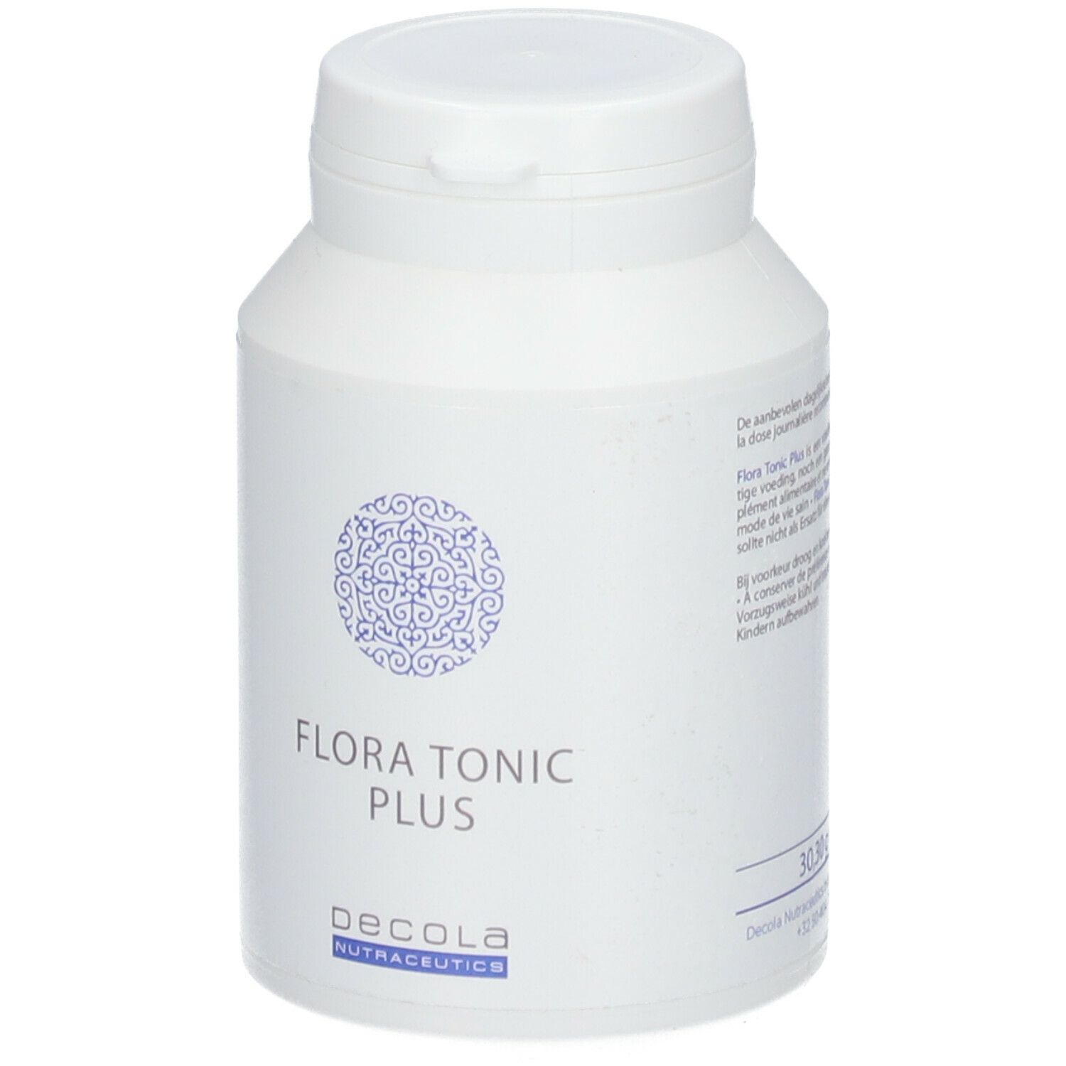 Flacon blanc avec couvercle. Inscription: Flora Tonic Plus, Decola Nutraceutics. Motif bleu. 30 gélules.
