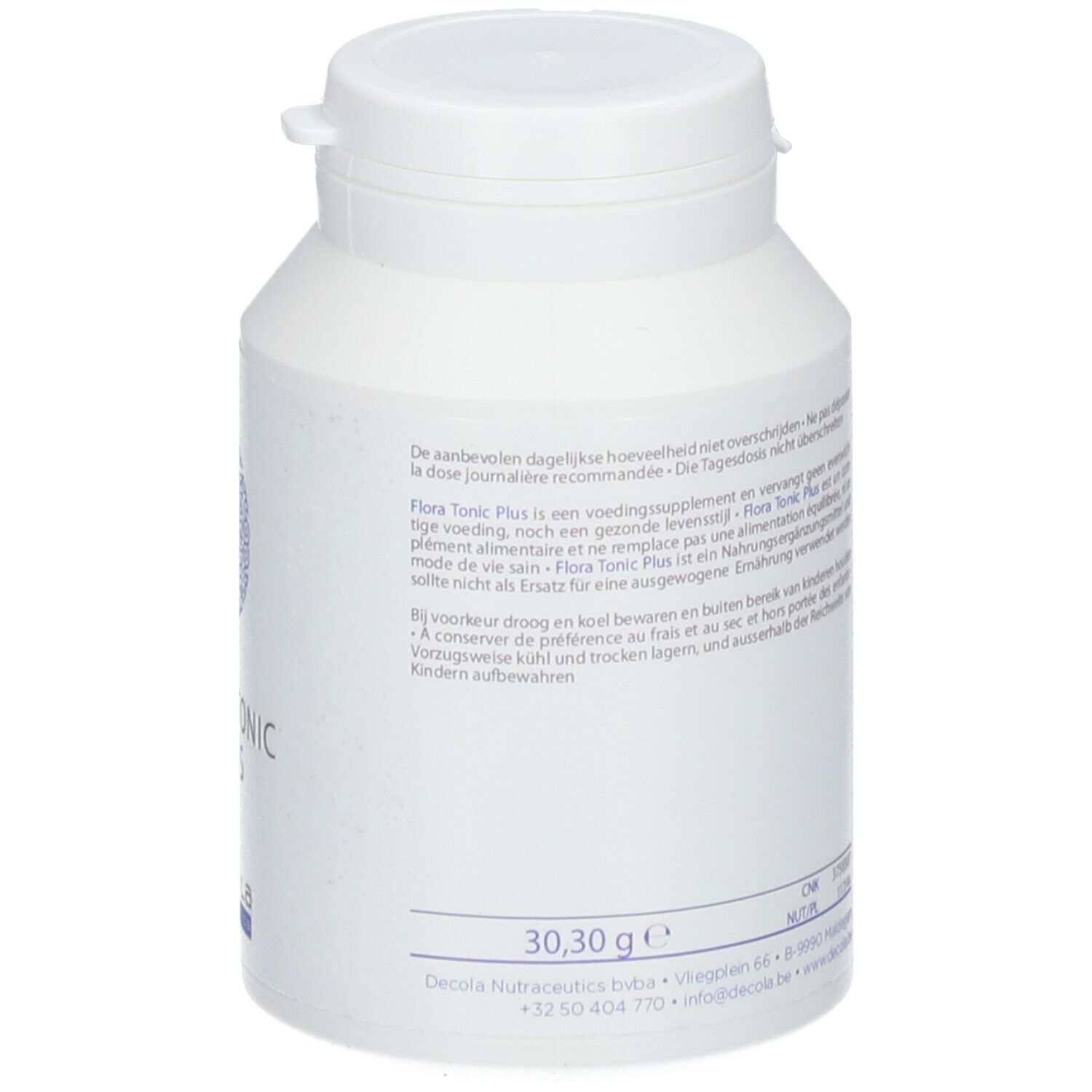 Flacon blanc, dos. Texte avec informations. Poids: 30,3 g. Couvercle en haut.