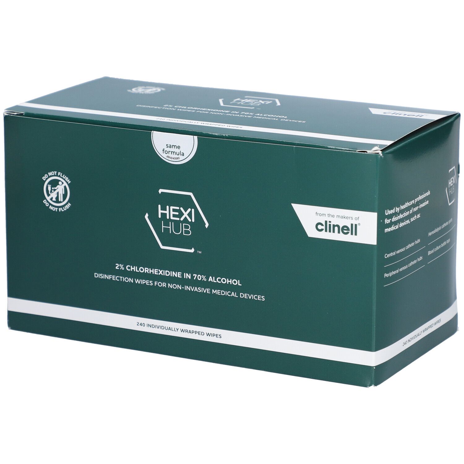 Grüne Box mit "HEXI HUB" und "Clinell" Logo. Enthält 240 einzeln verpackte Desinfektionstücher für medizinische Geräte.