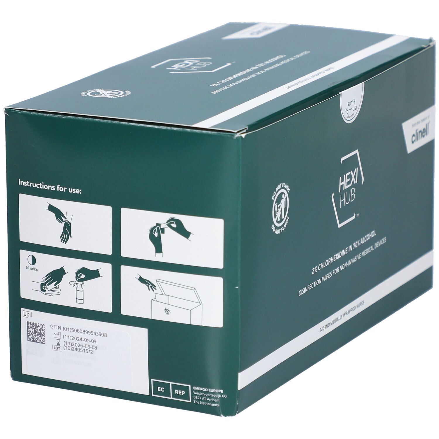 Grüne Box mit "HEXI HUB" und "Clinell" Logo. Zeigt Anweisungen zur Verwendung. Enthält 240 einzeln verpackte Tücher.