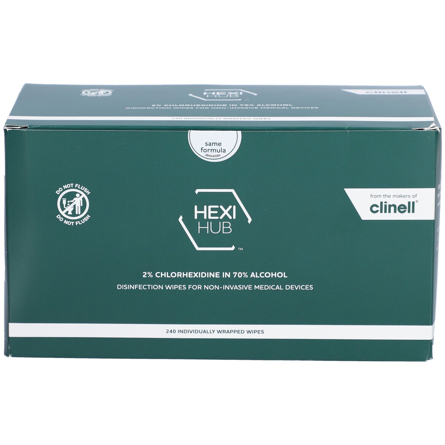 Grüne Box mit "HEXI HUB" und "Clinell" Logo. Enthält 240 einzeln verpackte Desinfektionstücher für medizinische Geräte.