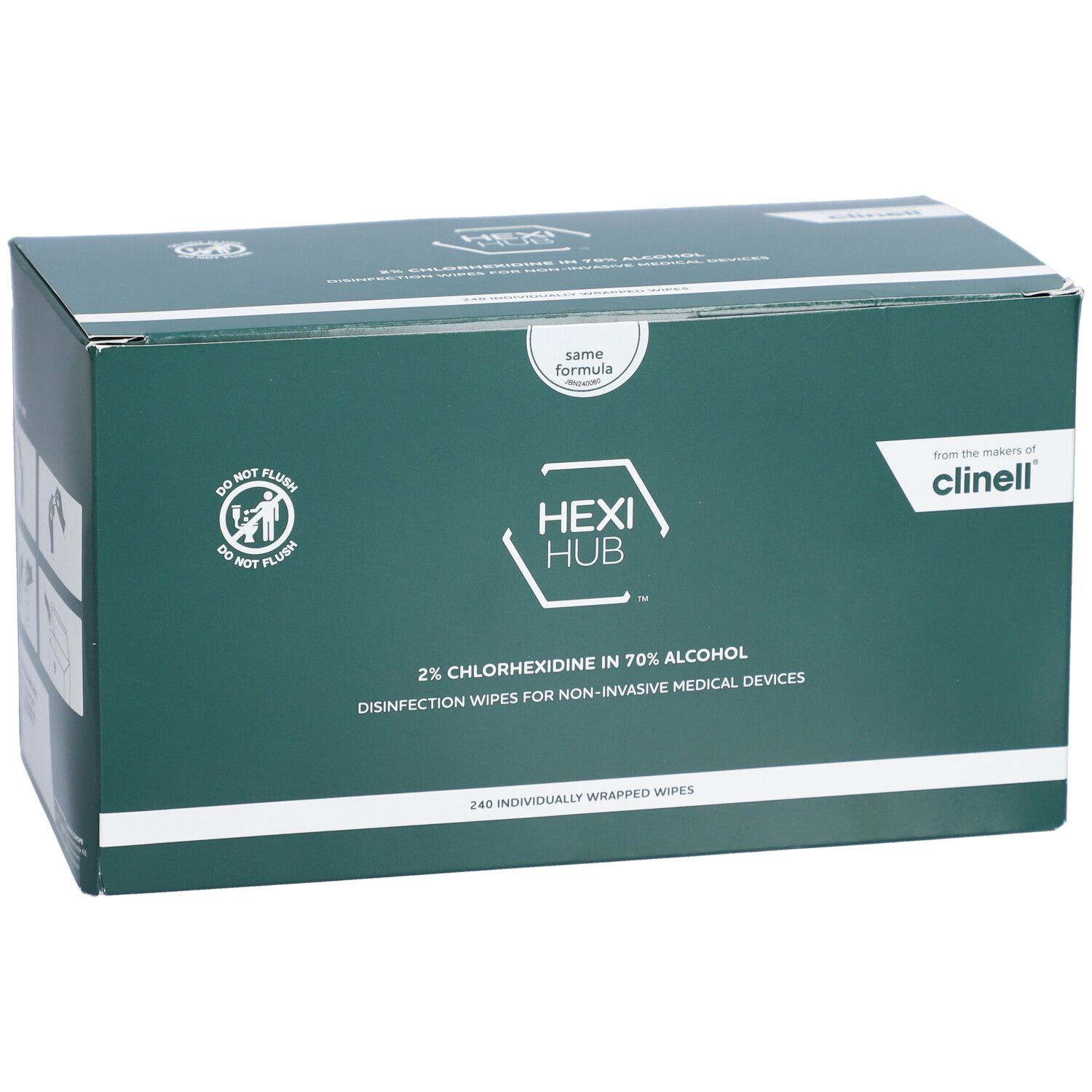 Grüne Box mit "HEXI HUB" und "Clinell" Logo. Enthält 240 einzeln verpackte Desinfektionstücher für medizinische Geräte.