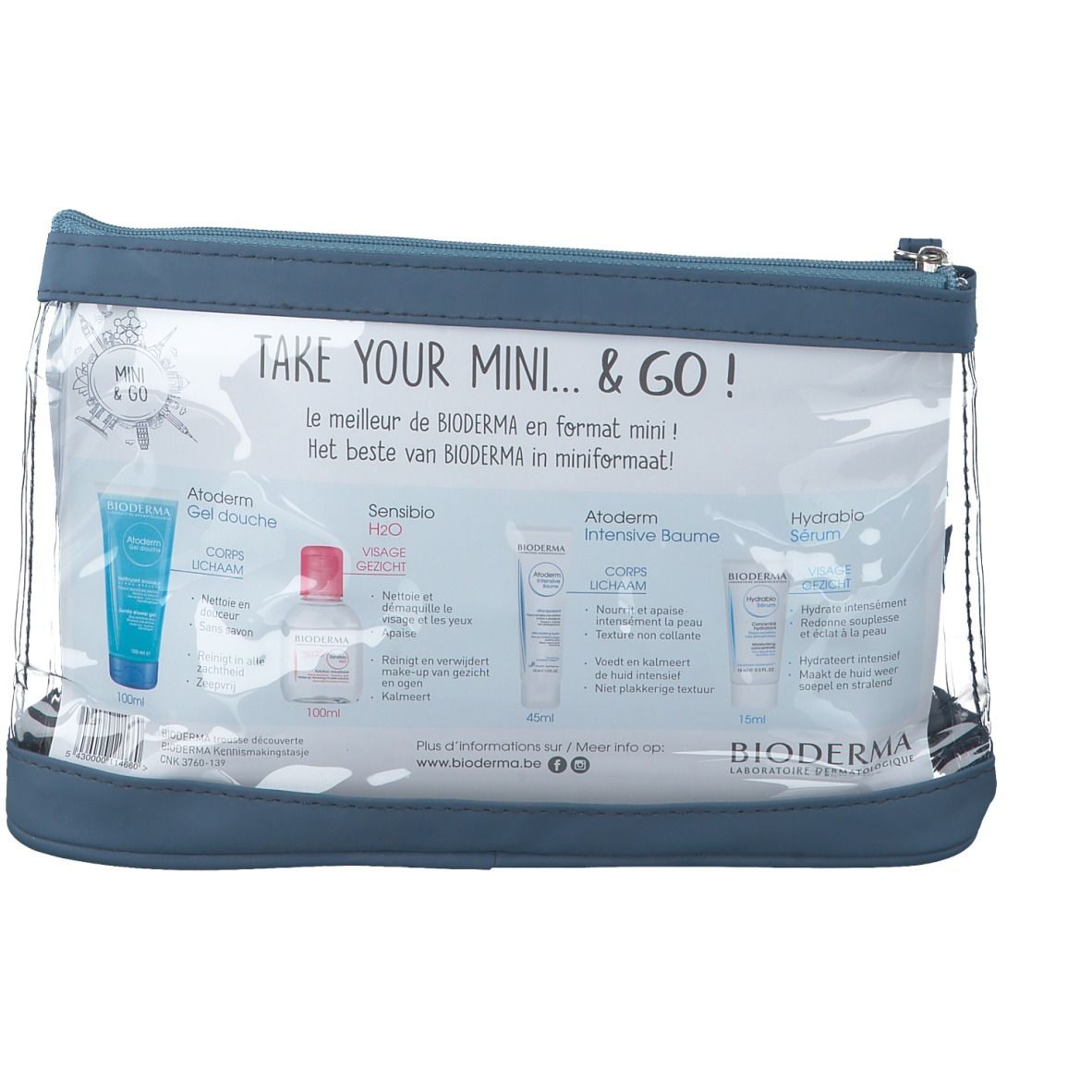 Transparente Kosmetiktasche mit BIODERMA-Produkten. Enthält Gel Douche, Sensibio H2O, Atoderm Intensive Baume und Hydrabio Serum.