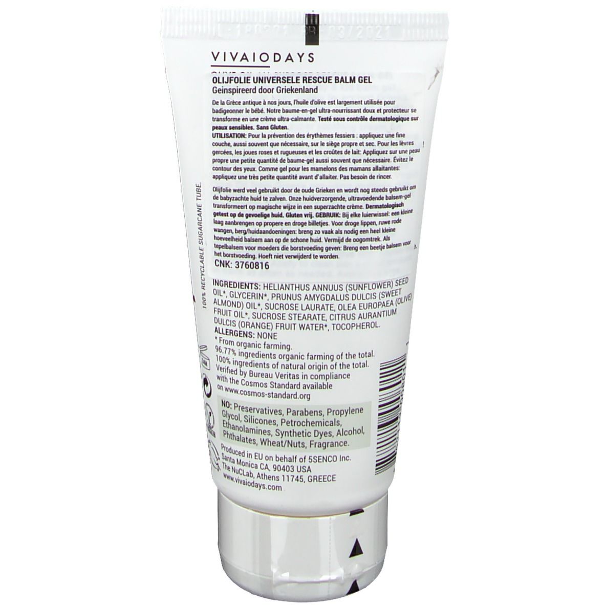 Rückseite einer Tube. Text: Inhaltsstoffe, Gebrauchsanweisung, Herstellerinformationen. Bio-Zertifizierung. Recycling-Symbol.